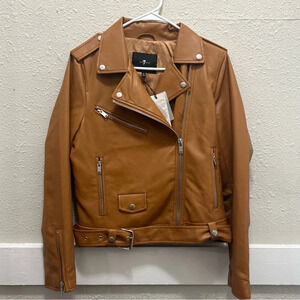 7 For All Mankind Camel Brown Faux Leather Motto Biker Jacket NWT Small